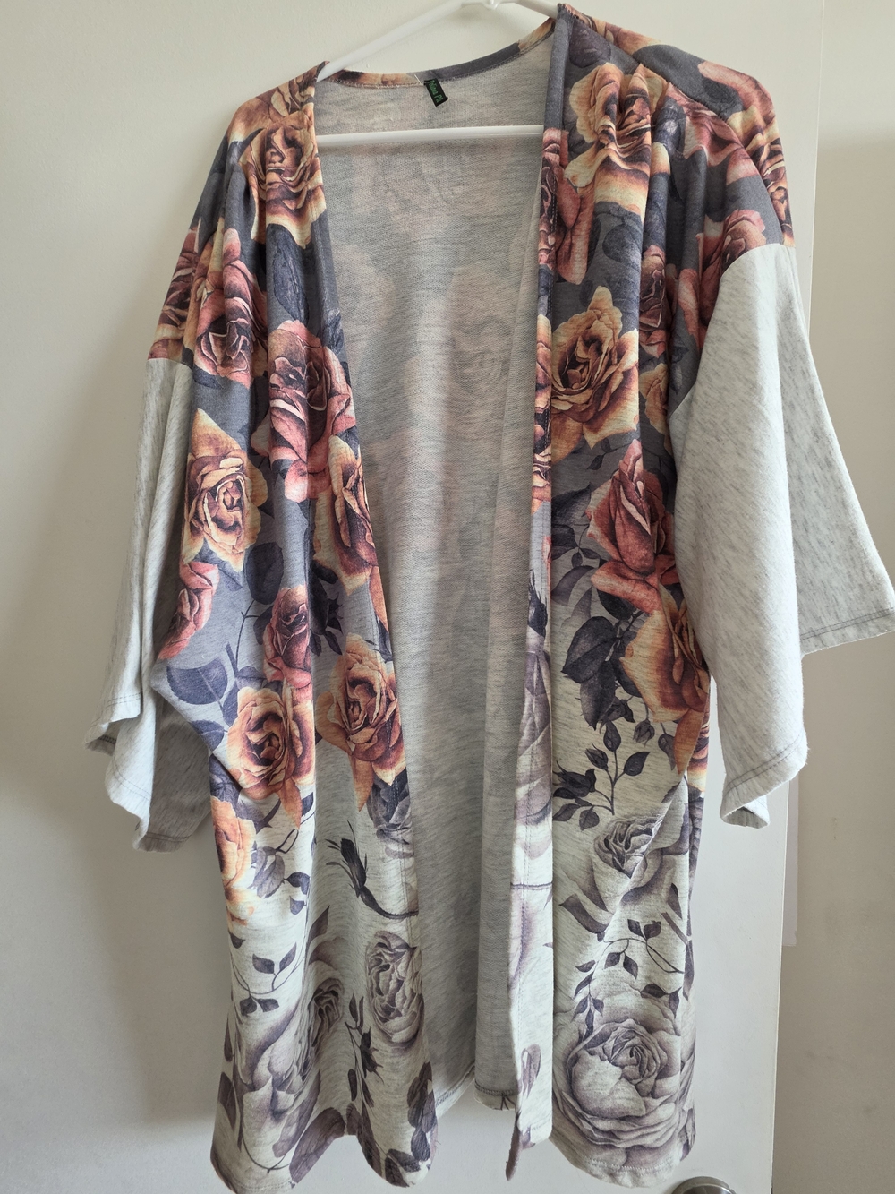 Gray Floral Open-Front Kimono Cardigan with Pink Rose Print
